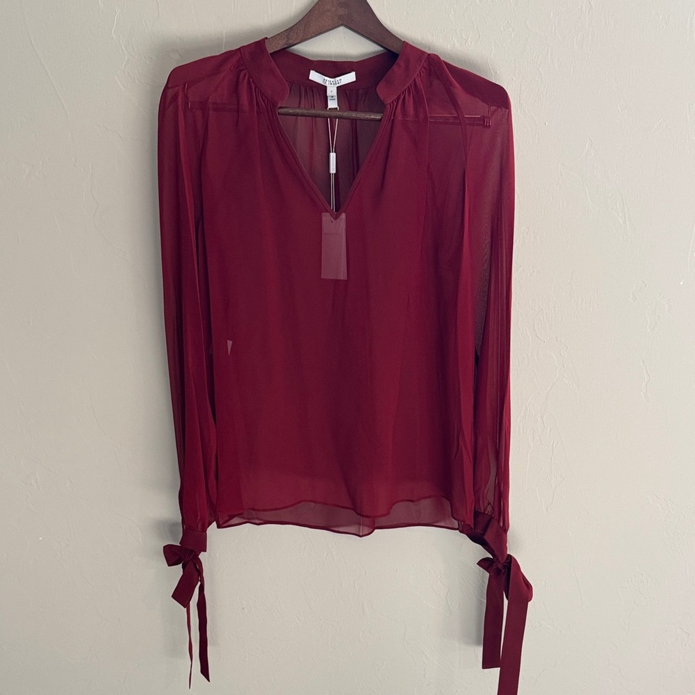 Derek Lam 10 Crosby Sheer Burgundy Blouse with Tie Cuffs